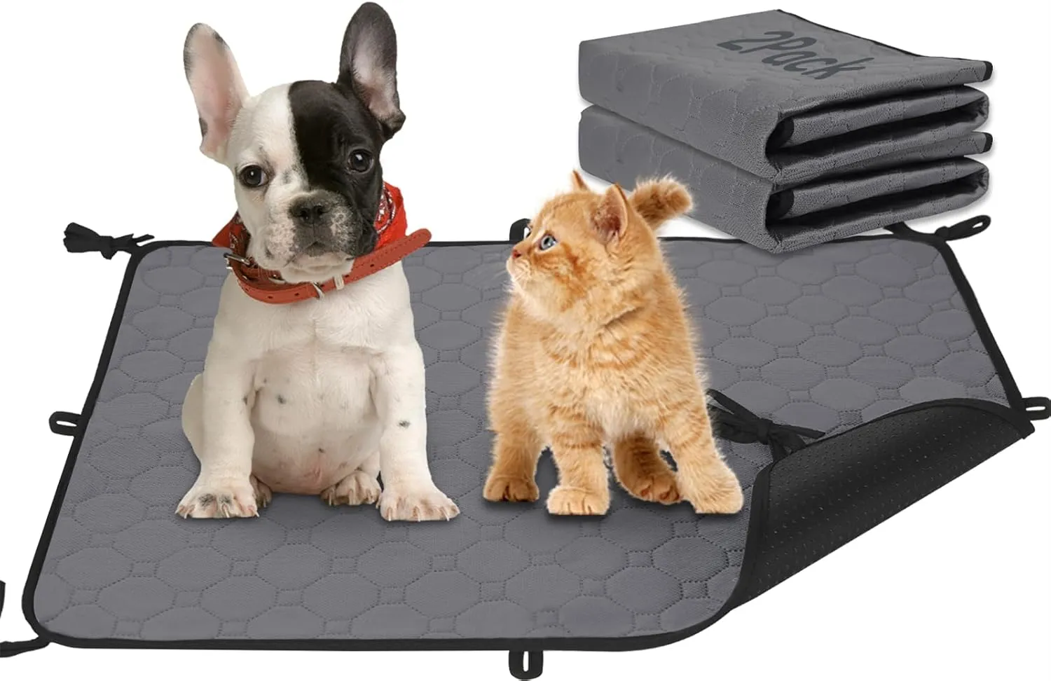 2 Pack Reusable Dog Pee Pads,Waterproof Puppy Potty Training Pee Pad for Dogs with Straps,Washable Dog Training Pads Laminated Whelping Mat (Grey-Strap-S (23.6 x 18.5 inches))