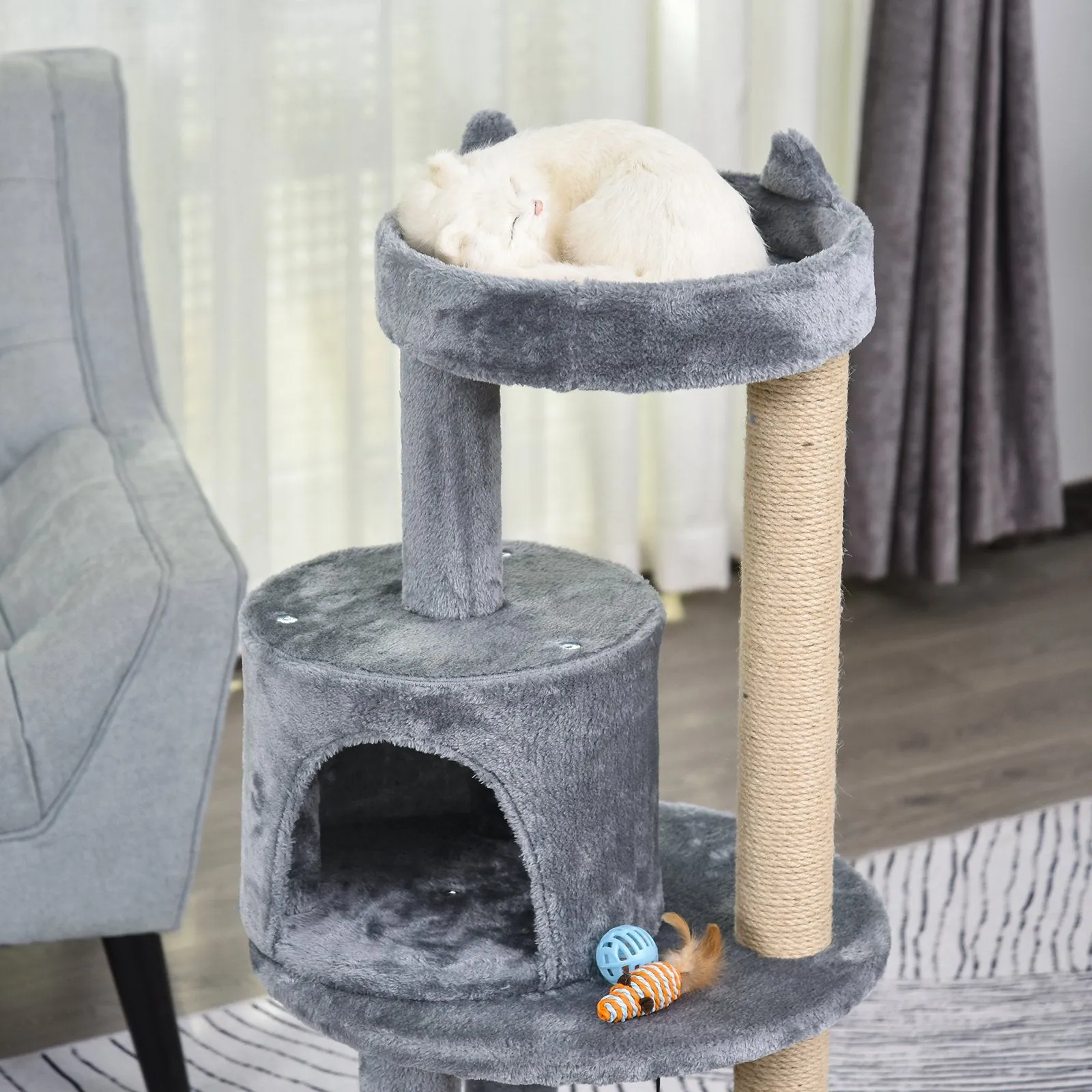 3-Tier Deluxe Cat Activity Tree w/ Scratching Posts Ear Perch House Kitten Grey