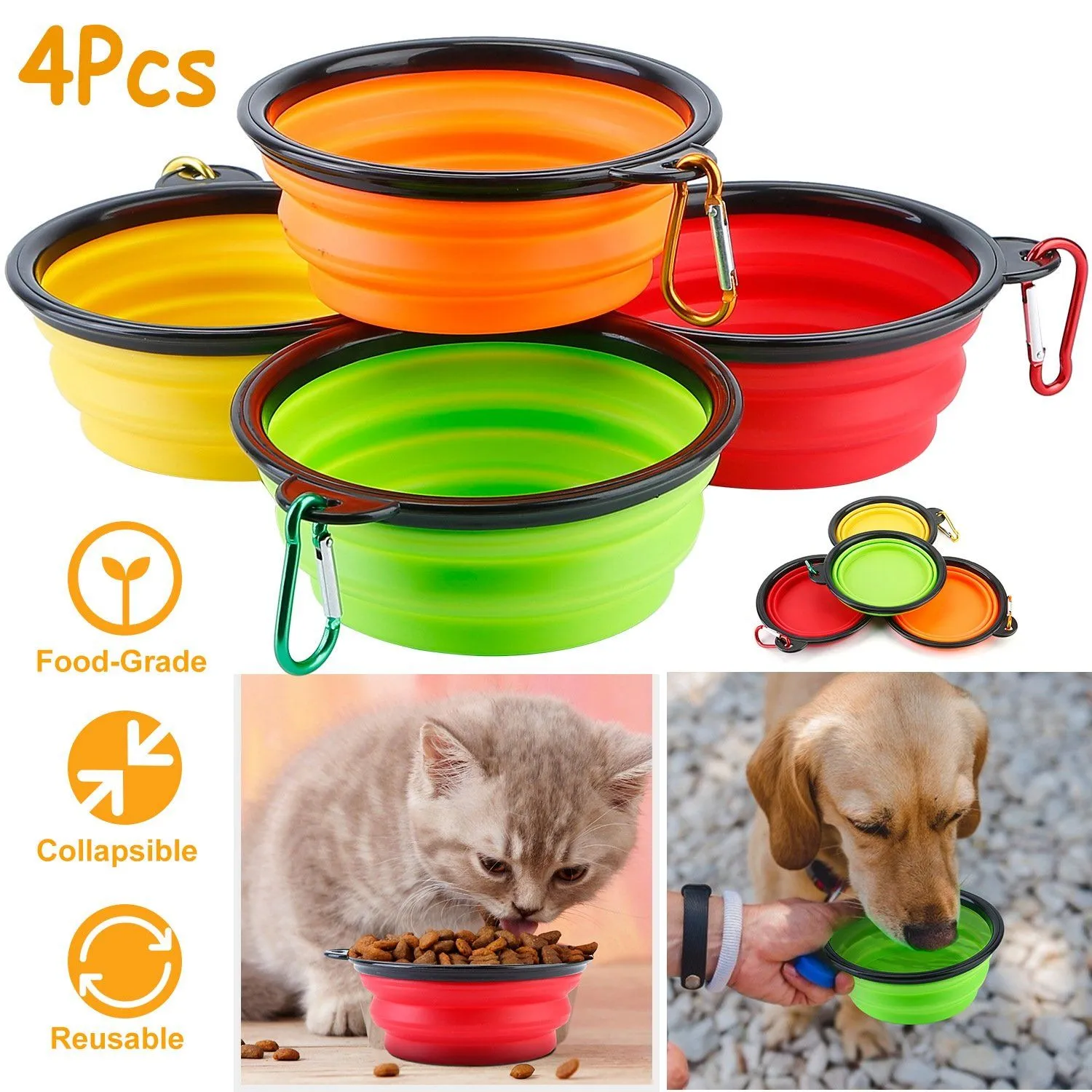 4-Pack: Silicone Collapsible Dog or Cat Food Water Bowl