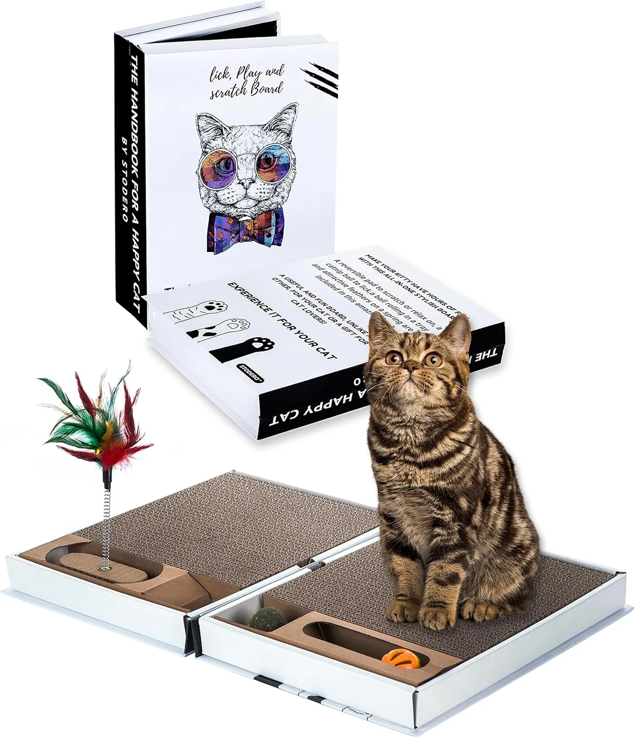 All-in-One Cat Scratcher Pad and Play Area, Foldable & Easy to Store Book-Shaped Cardboard with 2 Reversible & Replaceable PCs Dense Scratch Pad Cat/Kitten,with Cat Ball/Cat Feather Toy & Catnip Ball