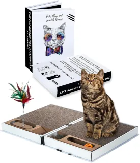 All-in-One Cat Scratcher Pad and Play Area, Foldable & Easy to Store Book-Shaped Cardboard with 2 Reversible & Replaceable PCs Dense Scratch Pad Cat/Kitten,with Cat Ball/Cat Feather Toy & Catnip Ball