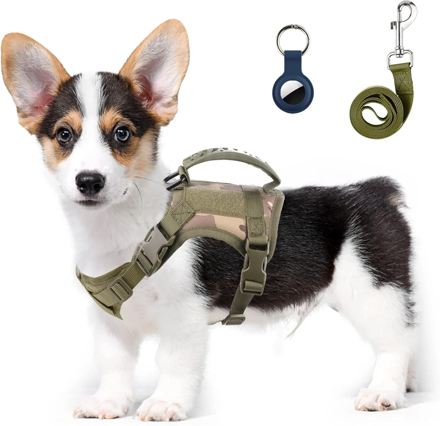 Annchwool Tactical Dog Harness for Small Dogs with Handle, Military Service Dog Vest and Leash Set for Outdoor Training Walking Hiking, Adjustable (Black, Camo)