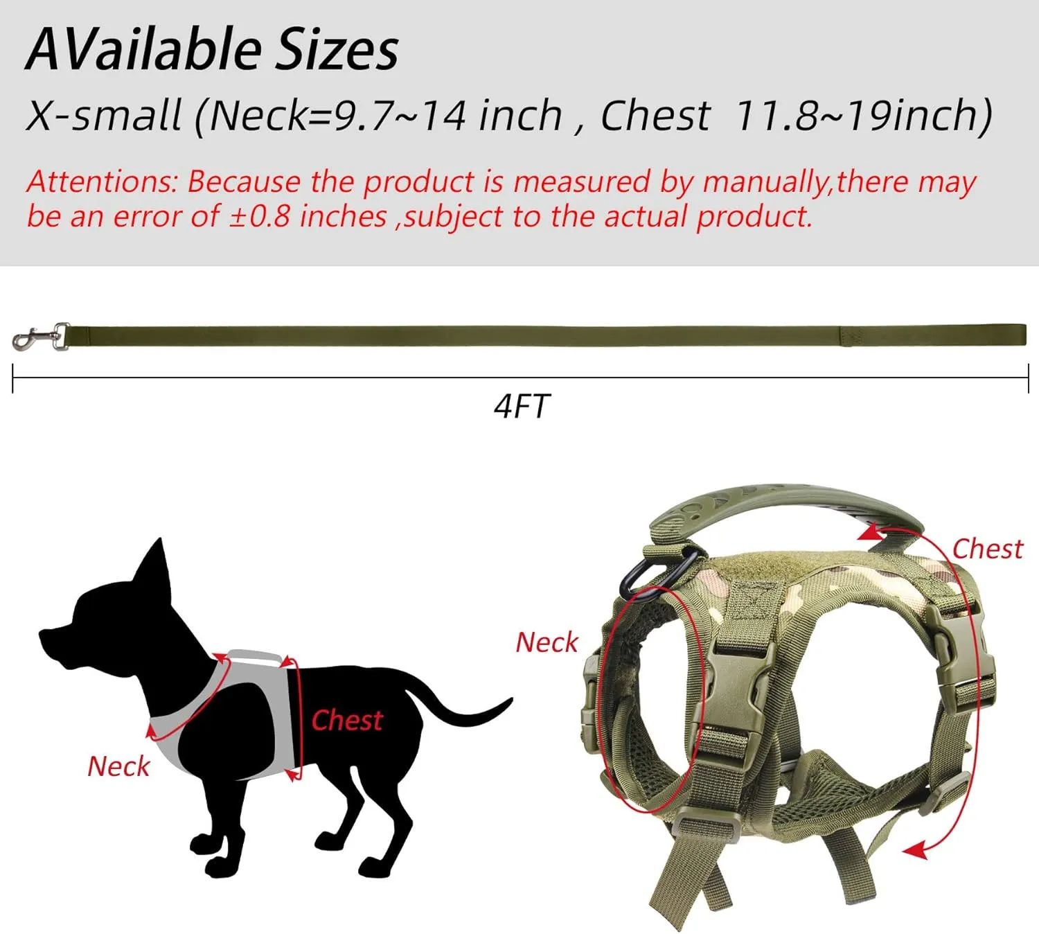 Annchwool Tactical Dog Harness for Small Dogs with Handle, Military Service Dog Vest and Leash Set for Outdoor Training Walking Hiking, Adjustable (Black, Camo)