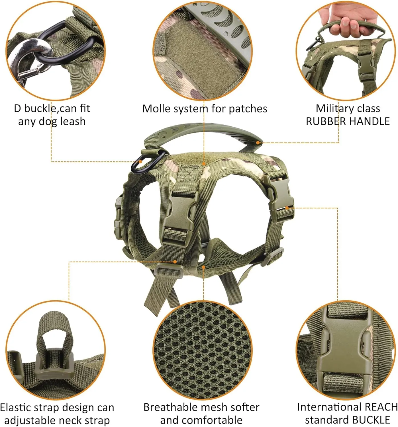 Annchwool Tactical Dog Harness for Small Dogs with Handle, Military Service Dog Vest and Leash Set for Outdoor Training Walking Hiking, Adjustable (Black, Camo)