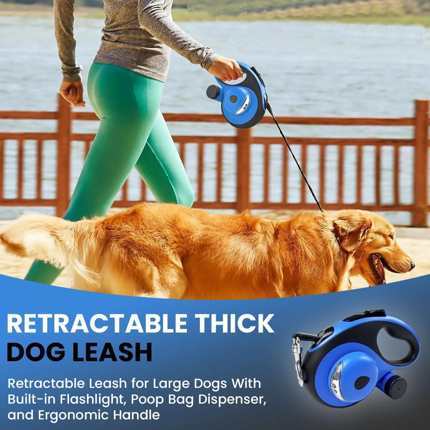 Best Dog Supplies Retractable Thick Dog Leash for Large Dogs with Bag Dispenser and Flashlight, 26ft/8M Dog Leash for S, M, Large Dogs up to 110lbs Pet Leash One Button Break Retractable Leash - Blue