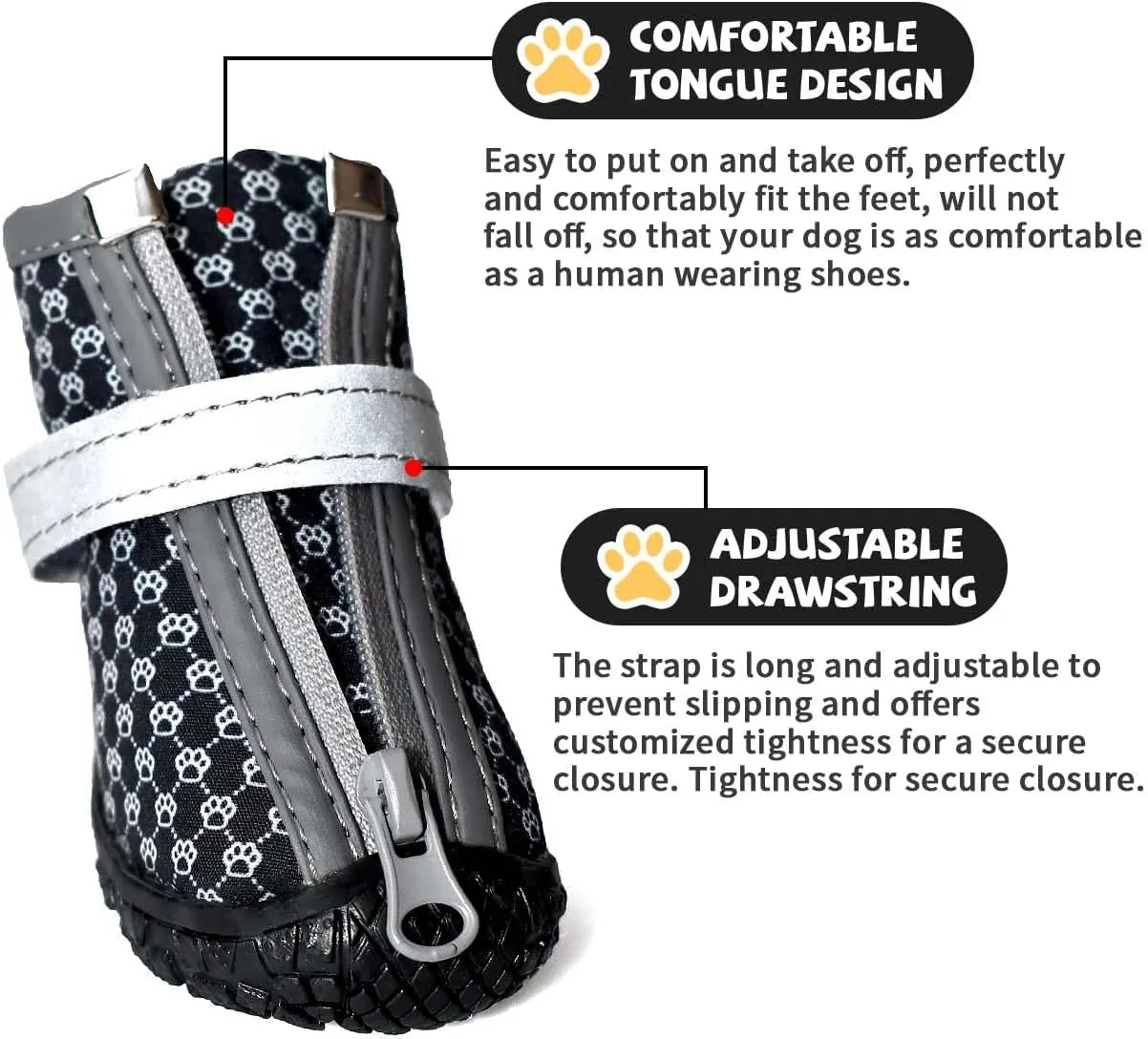 Black Dog Shoes for Small Dogs, Anti-Slip Dog Boots with Reflective Strips, Puppy Paw Protectors for Ourdoor Indoor Walking Winter Snow Summer Hot Pavement, Waterproof in Rainy Weather 4PCS/Set