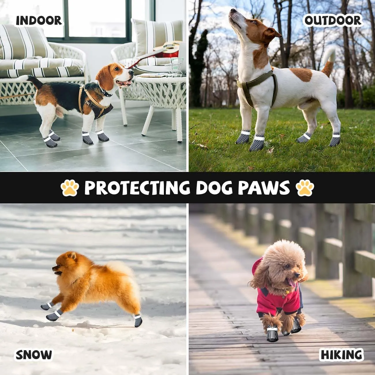 Black Dog Shoes for Small Dogs, Anti-Slip Dog Boots with Reflective Strips, Puppy Paw Protectors for Ourdoor Indoor Walking Winter Snow Summer Hot Pavement, Waterproof in Rainy Weather 4PCS/Set