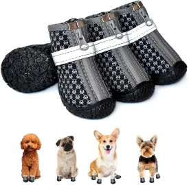 Black Dog Shoes for Small Dogs, Anti-Slip Dog Boots with Reflective Strips, Puppy Paw Protectors for Ourdoor Indoor Walking Winter Snow Summer Hot Pavement, Waterproof in Rainy Weather 4PCS/Set
