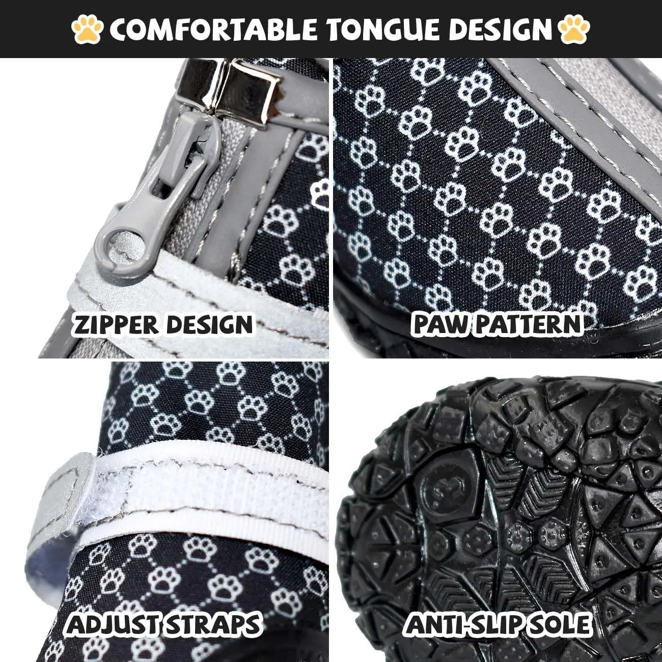 Black Dog Shoes for Small Dogs, Anti-Slip Dog Boots with Reflective Strips, Puppy Paw Protectors for Ourdoor Indoor Walking Winter Snow Summer Hot Pavement, Waterproof in Rainy Weather 4PCS/Set