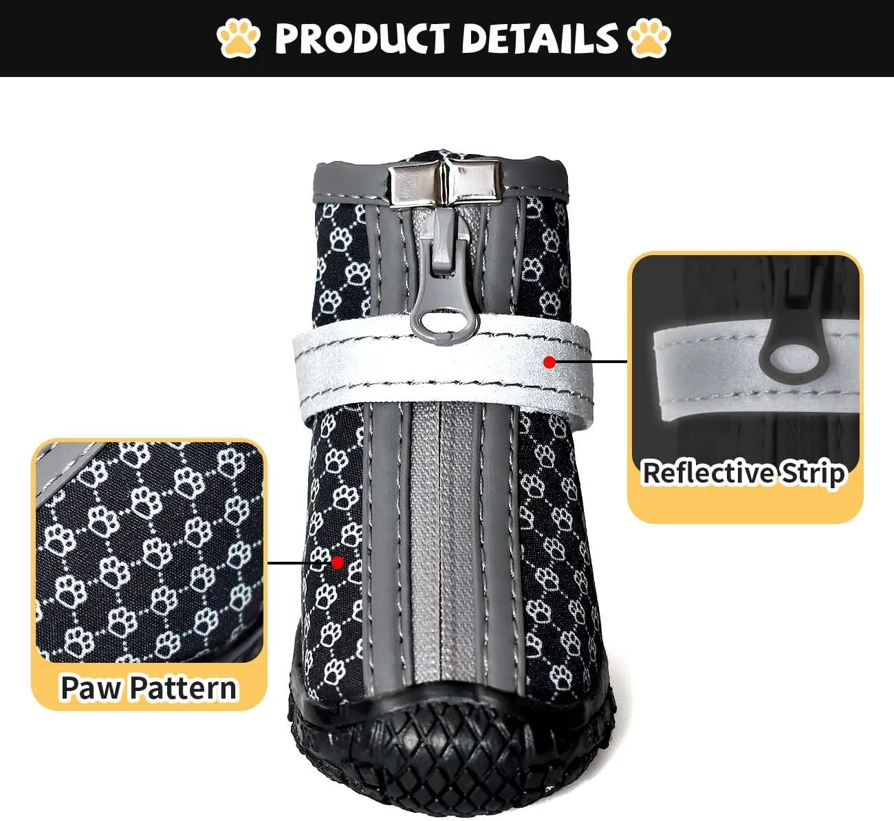 Black Dog Shoes for Small Dogs, Anti-Slip Dog Boots with Reflective Strips, Puppy Paw Protectors for Ourdoor Indoor Walking Winter Snow Summer Hot Pavement, Waterproof in Rainy Weather 4PCS/Set