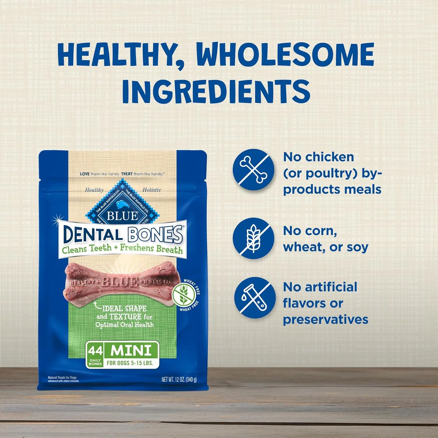 Blue Buffalo Dental Bones Mini Natural Dental Chew Dog Treats Bag, 12oz. Bag
