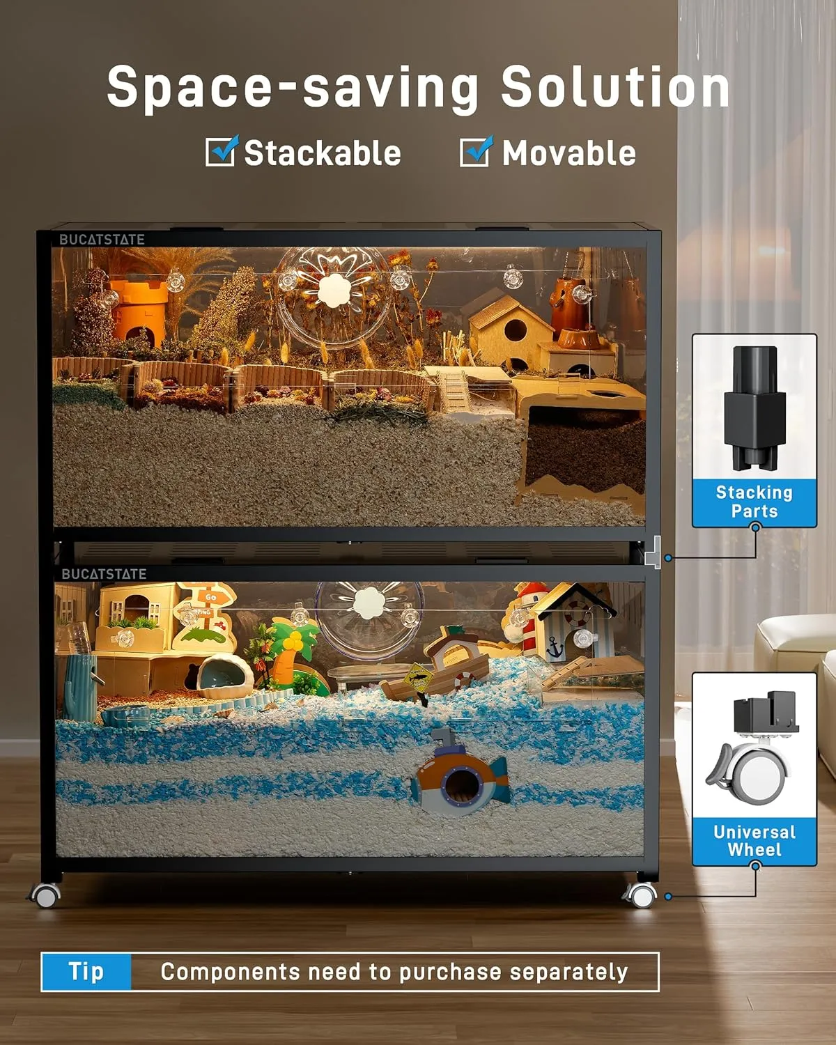 BUCATSTATE Hamster Cage Metal 3.0 - Chewproof Large Rat Cage Stackable with Top Access Easy Assemble 47L x 23.6W x 25.5H Inches Dwarf Syrian Hamster Tank for Gerbil Mouse (7.75 ft, Black)