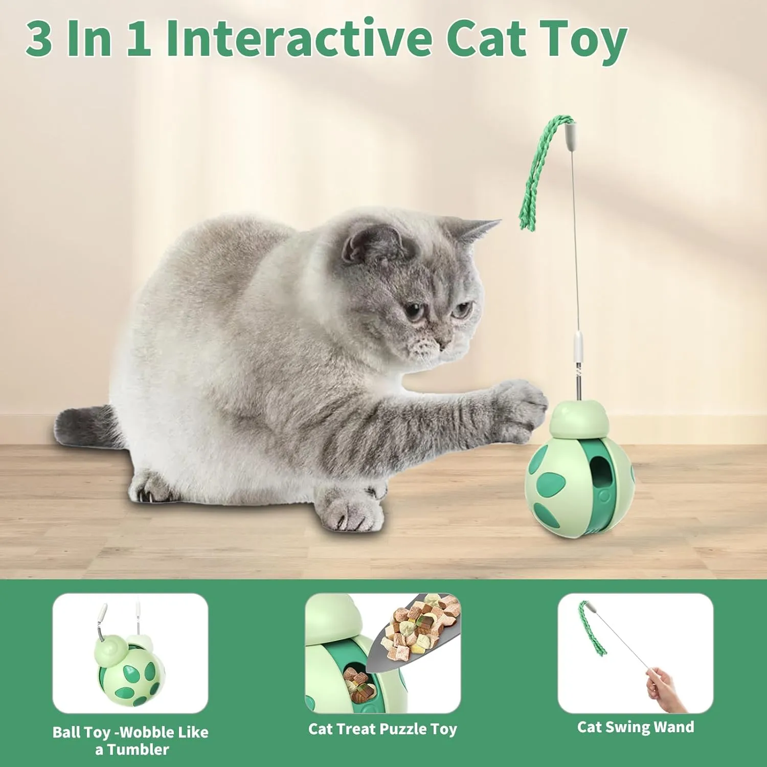 Cat Interactive Toys for Indoor Cats - Kitten Wand Toy Treat Dispenser, Slow Food Dispenser Feeder Treat Dispensing Feeding Pet Supplies for Weight Loss Lose Kitten Kitty (Green)