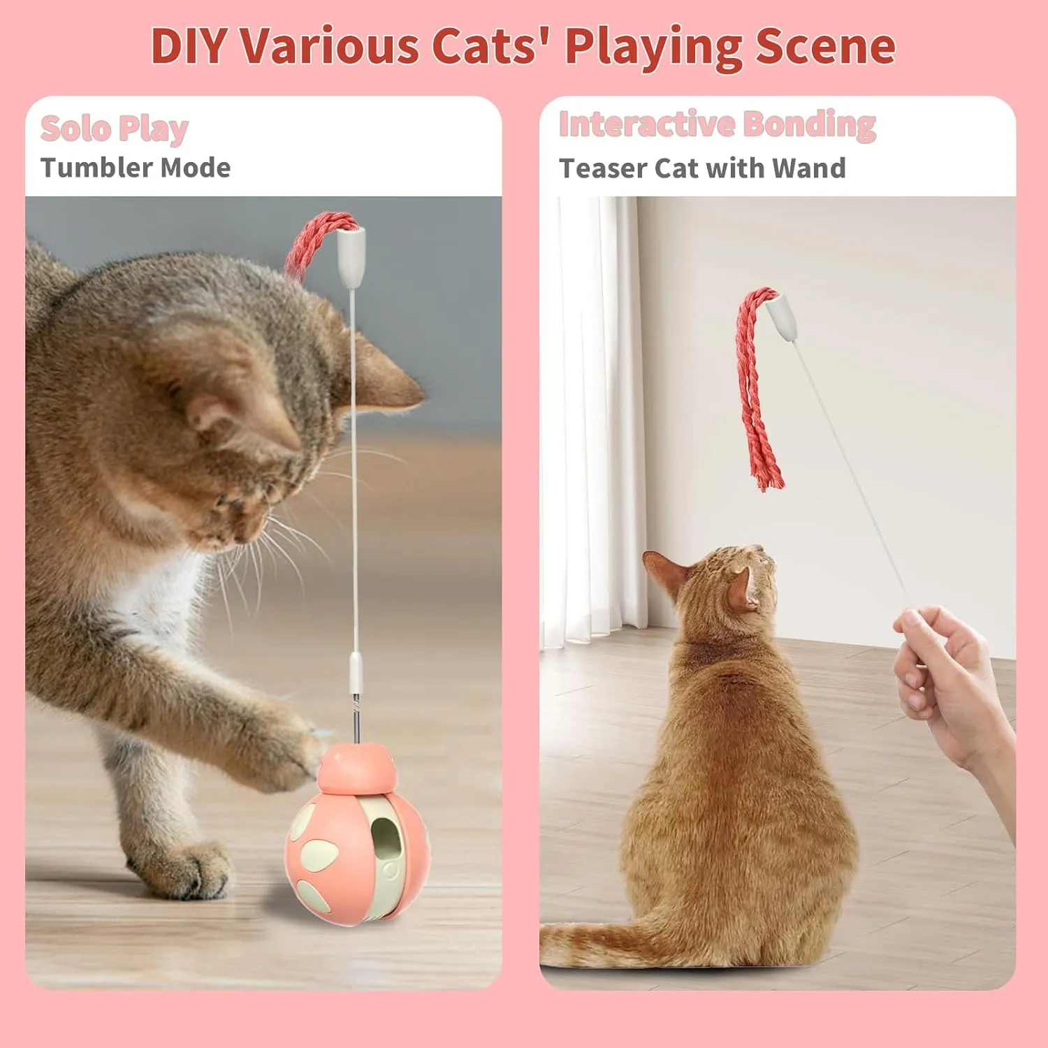 Cat Puzzle Toy for Indoor Cats - Ladybug Design with Treat Dispenser, Tumbler Ball & Detachable Wand Toy | Durable & Safe Interactive Pet Teaser Toy (Pink)