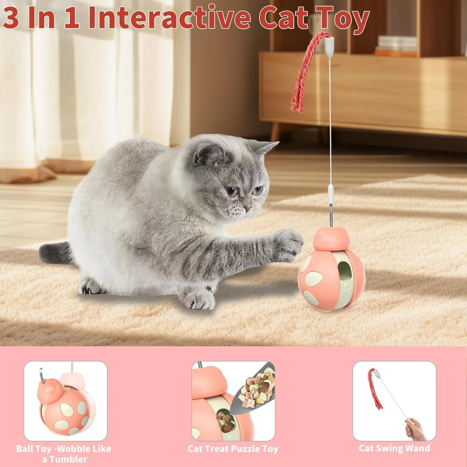 Cat Puzzle Toy for Indoor Cats - Ladybug Design with Treat Dispenser, Tumbler Ball & Detachable Wand Toy | Durable & Safe Interactive Pet Teaser Toy (Pink)