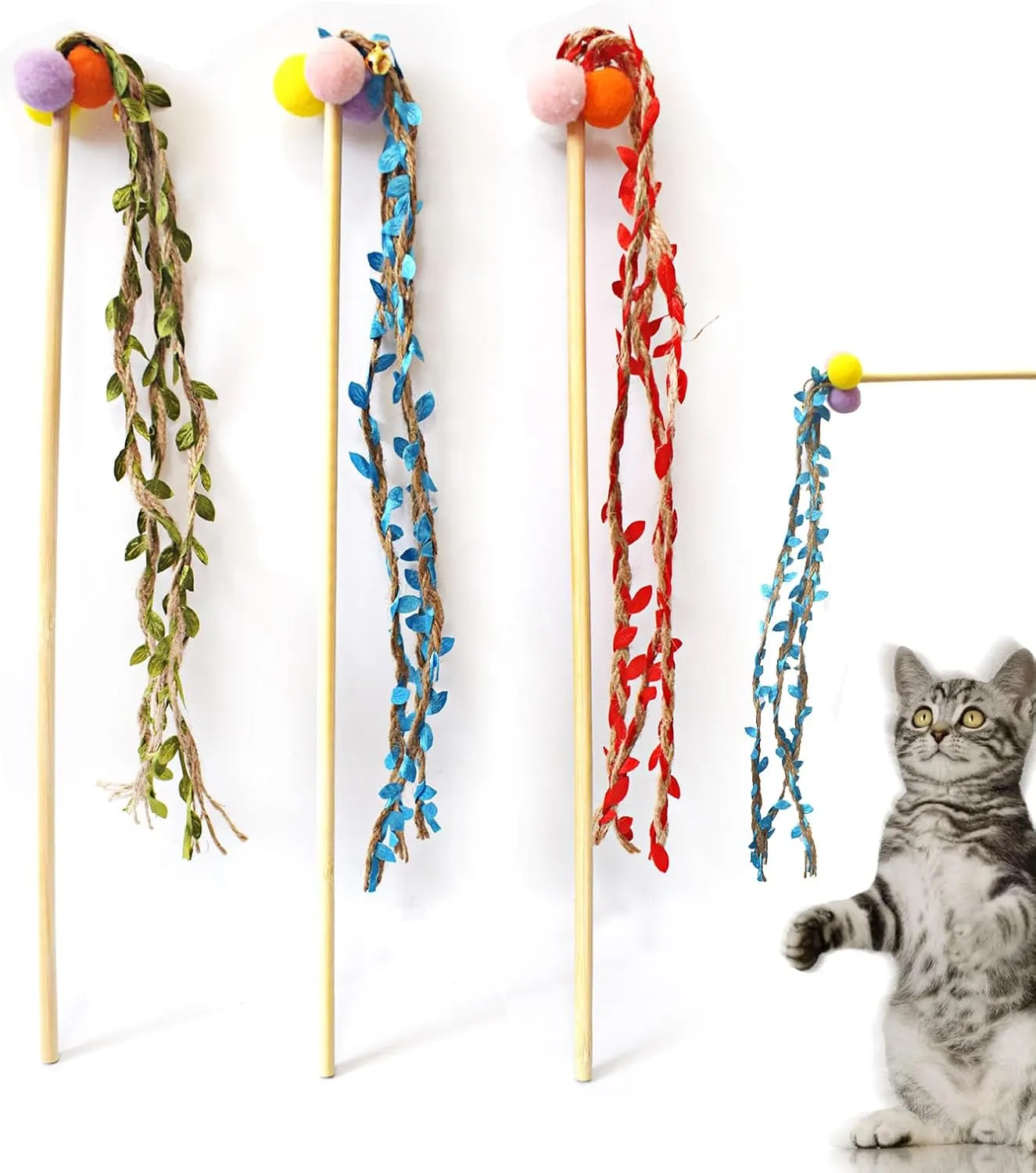 Cat Wands for Indoor Cats, 3 PCS Colorful Leaf Kitten Wand Handcrafted Jungle Wicker Kitty Teaser Wand Unbreakable Wooden Hand Cat Stick Toy