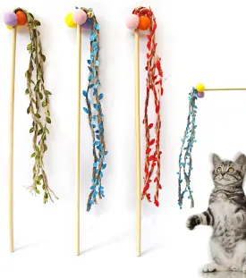 Cat Wands for Indoor Cats, 3 PCS Colorful Leaf Kitten Wand Handcrafted Jungle Wicker Kitty Teaser Wand Unbreakable Wooden Hand Cat Stick Toy