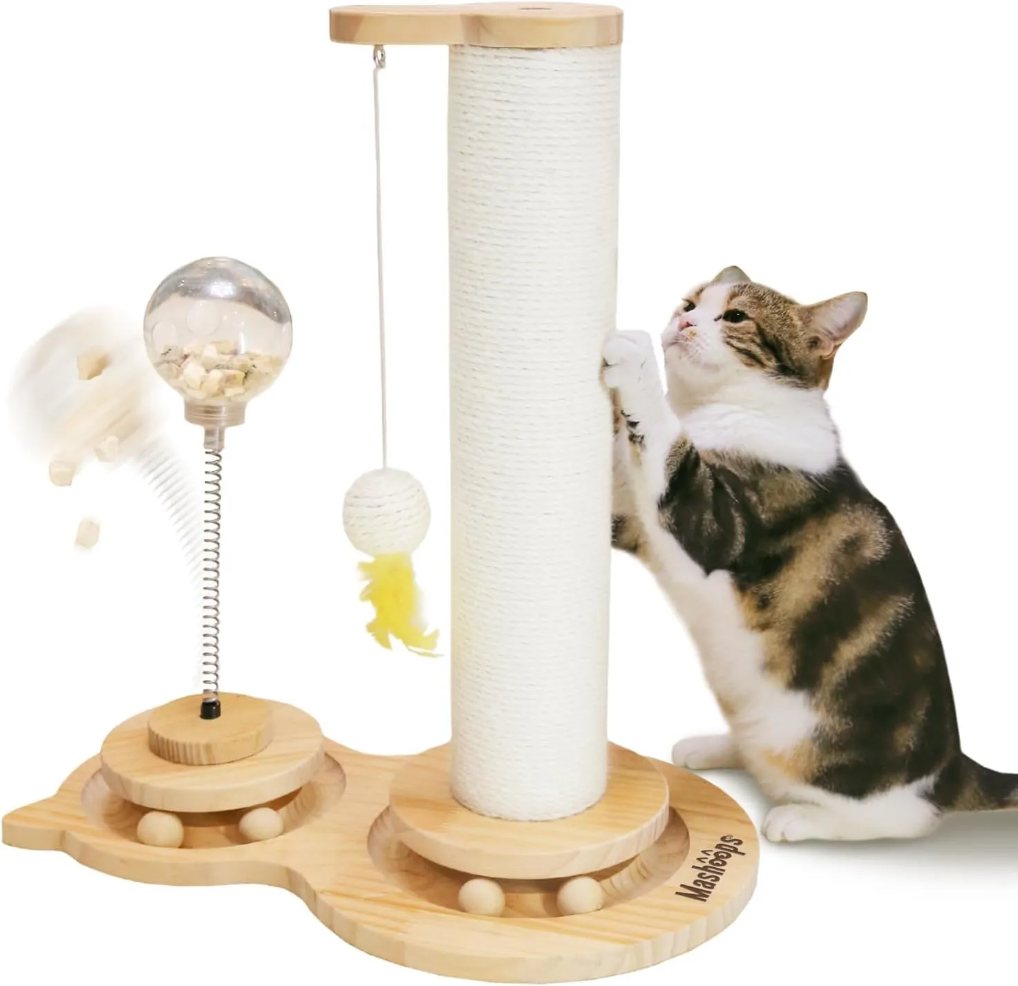 Cats Scratching Post Cat Scratcher with Treat Dispenser Toy, 4-in-1 Scratching Posts for Indoor Cats with Wooden Ball Track, Interactive Cat Toys