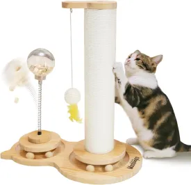 Cats Scratching Post Cat Scratcher with Treat Dispenser Toy, 4-in-1 Scratching Posts for Indoor Cats with Wooden Ball Track, Interactive Cat Toys