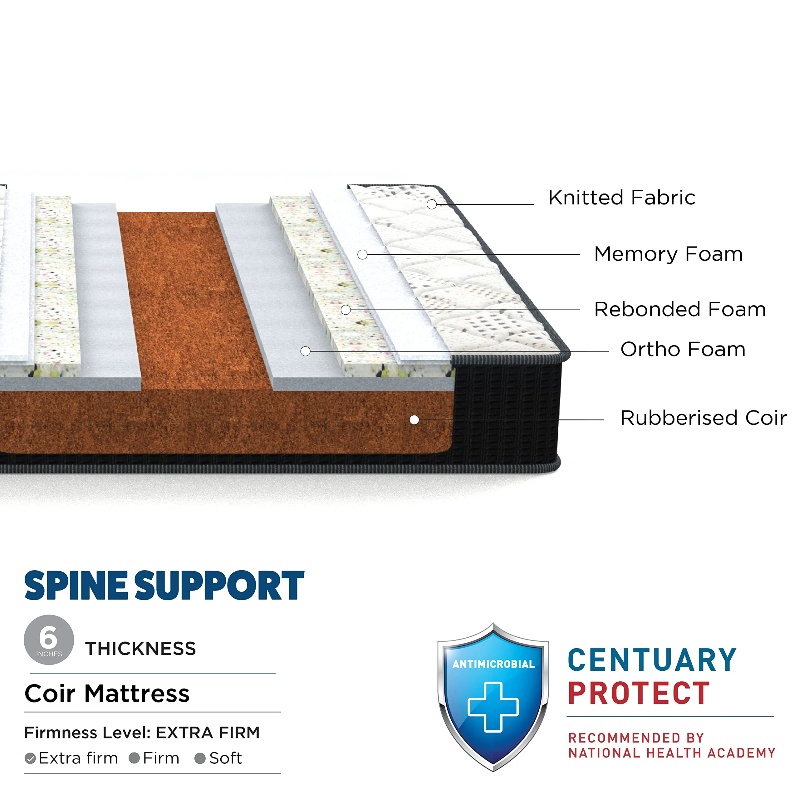 Centuary Mattresses Spine Support 6 inch Extra Firm Orthopedic Coir Mattress (King, 78X72X6)