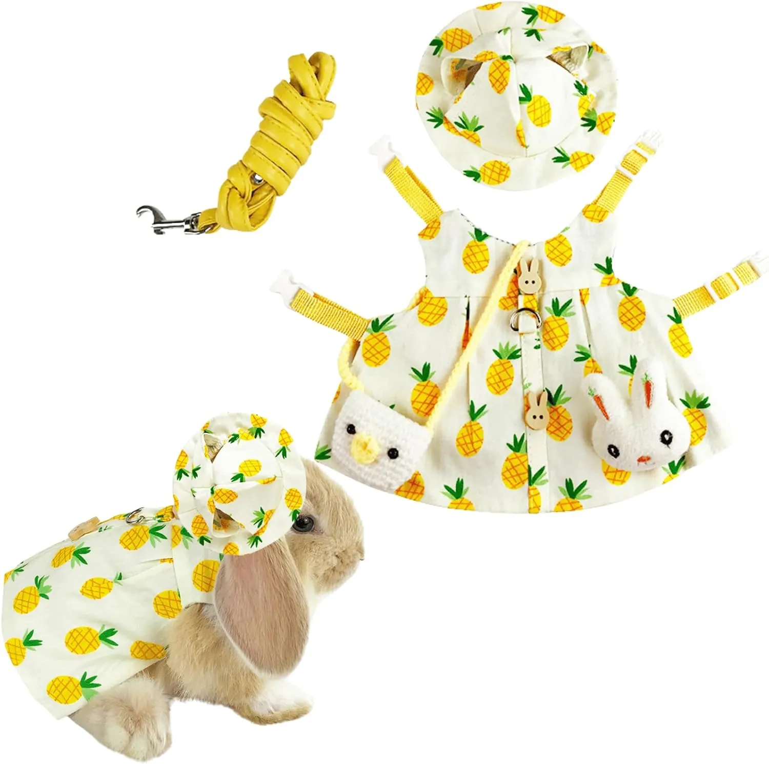 Cute Rabbit Leash and Harness Set, Bunny Rabbit Dress Clothes Walking Harness Vest Escape Proof Pet Supply for Rabbit Hedgehog Ferret Guinea Pig (Yellow with Accessories,L)