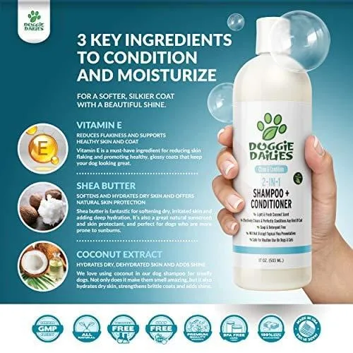 Doggie Dailies Dog Shampoo and Conditioner: 2-in-1 Shampoo for Dogs Made in The USA - Safely Cleans, Conditions, and Moisturizes Skin & Coat - Natural Dog Shampoo for Dry Itchy Skin (17 fl oz)