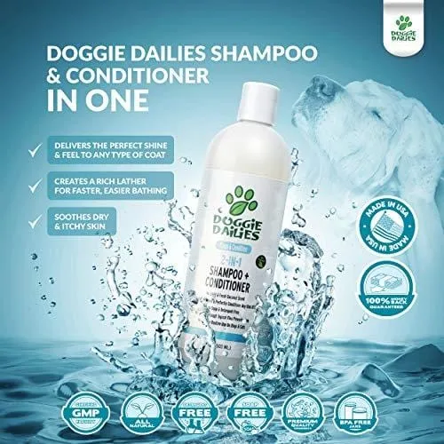 Doggie Dailies Dog Shampoo and Conditioner: 2-in-1 Shampoo for Dogs Made in The USA - Safely Cleans, Conditions, and Moisturizes Skin & Coat - Natural Dog Shampoo for Dry Itchy Skin (17 fl oz)