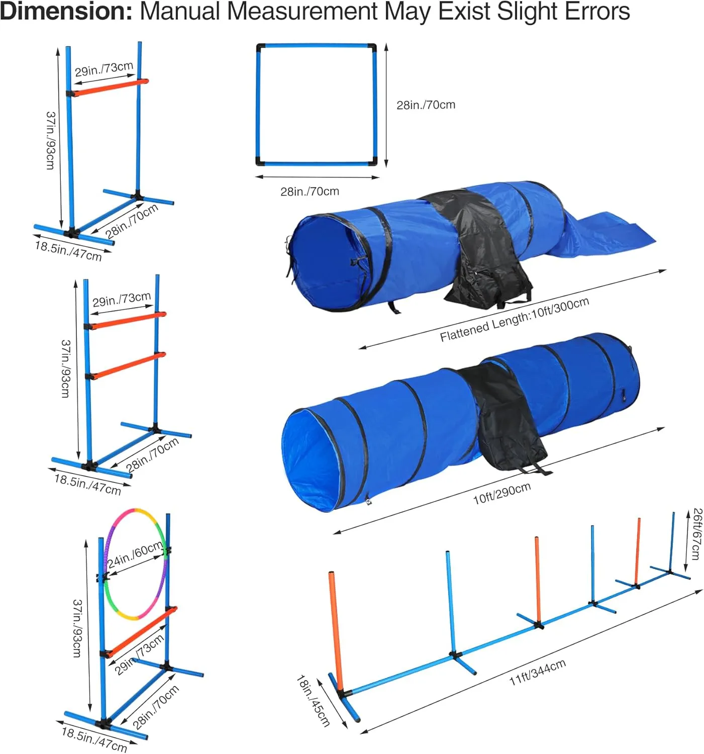 Dogs Agility Course Backyard Set, 7 Pc Indoor Outdoor Agility Training Equipment for Dogs, 3 Jumps 2 Tunnels with Sandbags - Weave Poles for Dog Obstacle Training