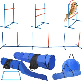 Dogs Agility Course Backyard Set, 7 Pc Indoor Outdoor Agility Training Equipment for Dogs, 3 Jumps 2 Tunnels with Sandbags - Weave Poles for Dog Obstacle Training