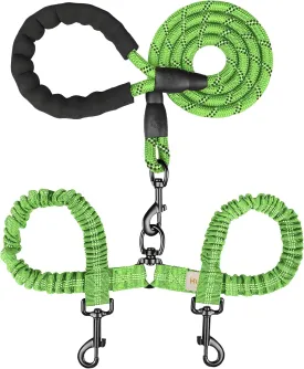 Double Dog Leash, Dual Dog Leash, 360 Swivel Tangle Free Bungee Walking Training for Medium Dogs, Shock Absorbing Bungee Reflective for Two Dogs, 18~120 lbs, Green