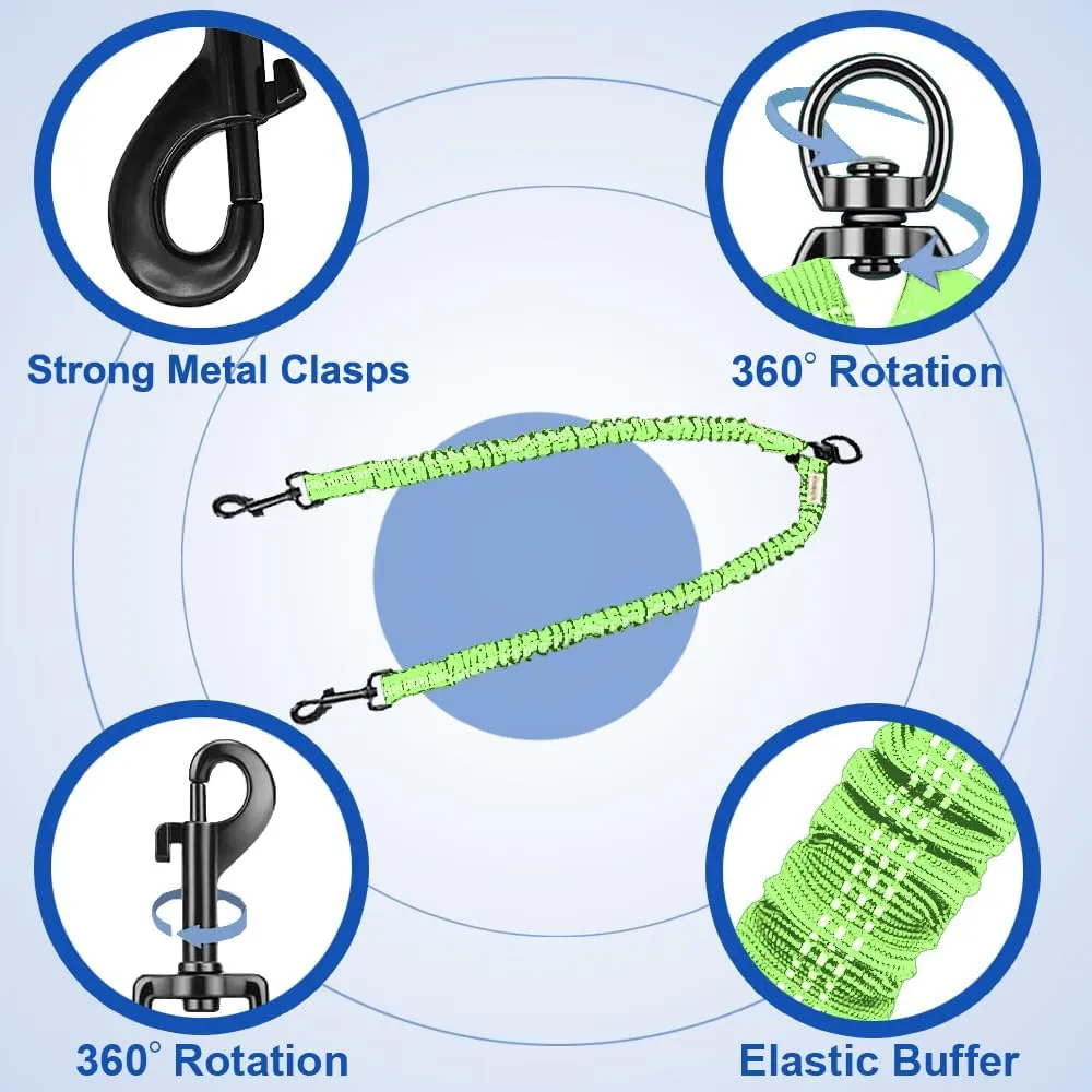 Double Dog Leash, Dual Dog Leash, 360 Swivel Tangle Free Bungee Walking Training for Medium Dogs, Shock Absorbing Bungee Reflective for Two Dogs, 18~120 lbs, Green