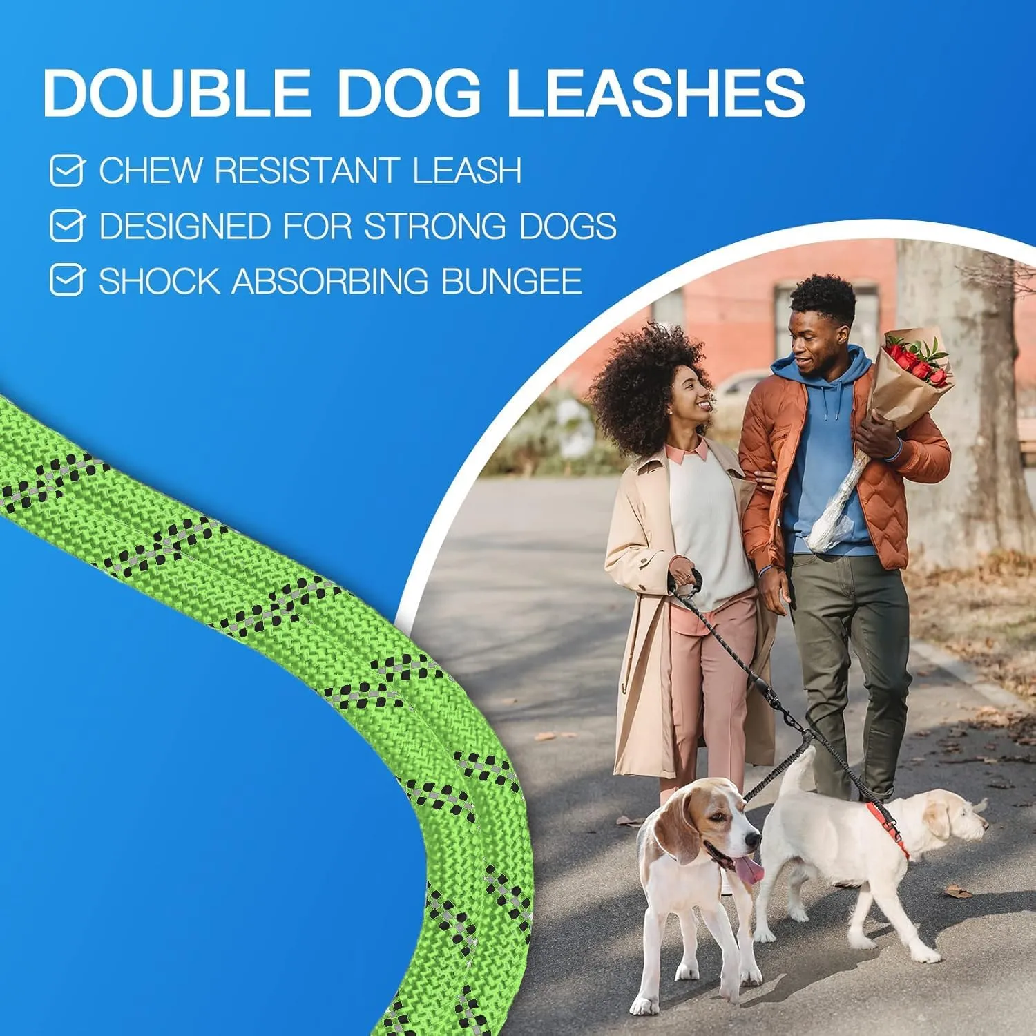 Double Dog Leash, Dual Dog Leash, 360 Swivel Tangle Free Bungee Walking Training for Medium Dogs, Shock Absorbing Bungee Reflective for Two Dogs, 18~120 lbs, Green