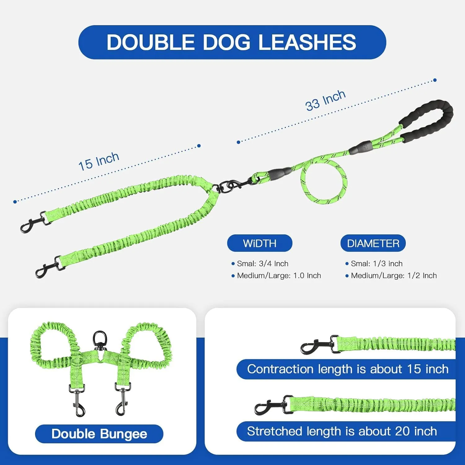 Double Dog Leash, Dual Dog Leash, 360 Swivel Tangle Free Bungee Walking Training for Medium Dogs, Shock Absorbing Bungee Reflective for Two Dogs, 18~120 lbs, Green