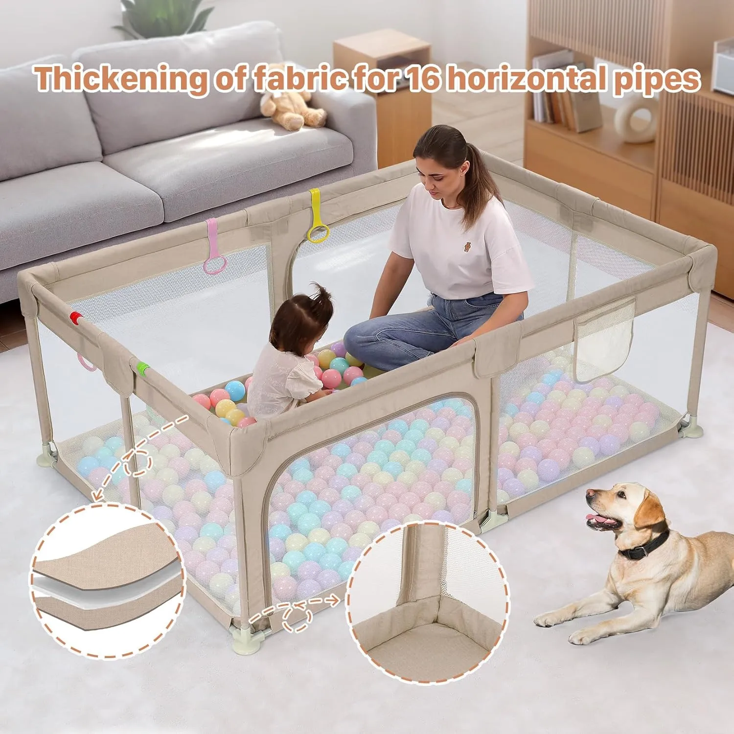 Dripex Baby Playpen, 71"47" Play Pens for Babies and Toddlers, Safe Anti-Fall Play Yard with Gates, Baby Fence with Breathable Mesh, Indoor & Outdoor Kids Activity Center, Khaki