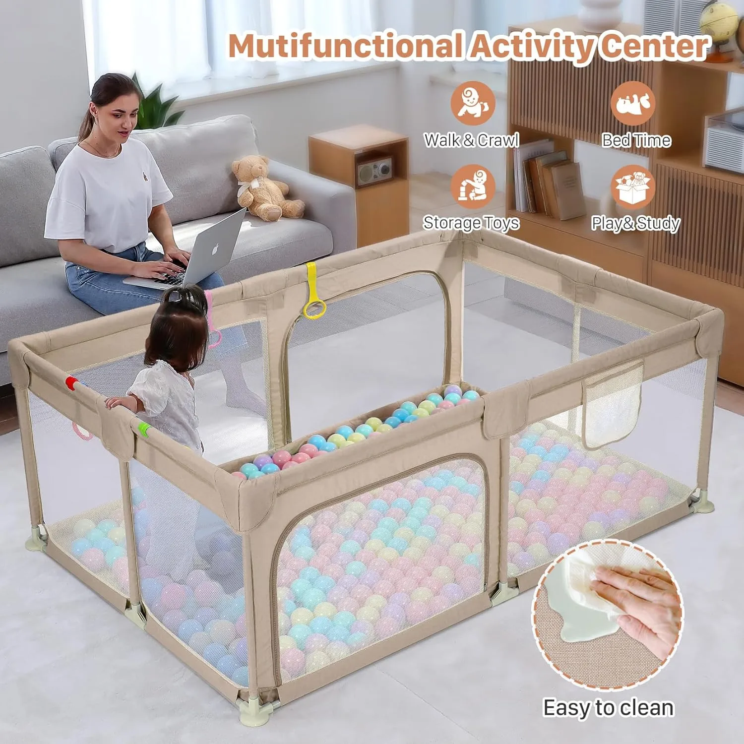 Dripex Baby Playpen, 71"47" Play Pens for Babies and Toddlers, Safe Anti-Fall Play Yard with Gates, Baby Fence with Breathable Mesh, Indoor & Outdoor Kids Activity Center, Khaki