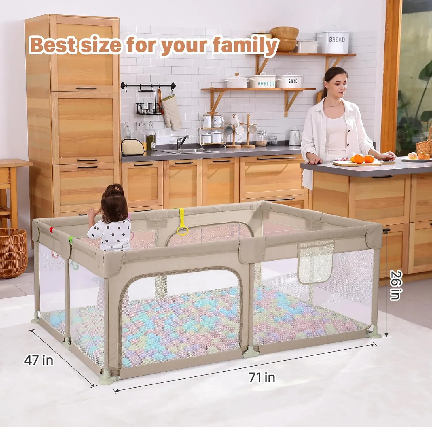 Dripex Baby Playpen, 71"47" Play Pens for Babies and Toddlers, Safe Anti-Fall Play Yard with Gates, Baby Fence with Breathable Mesh, Indoor & Outdoor Kids Activity Center, Khaki