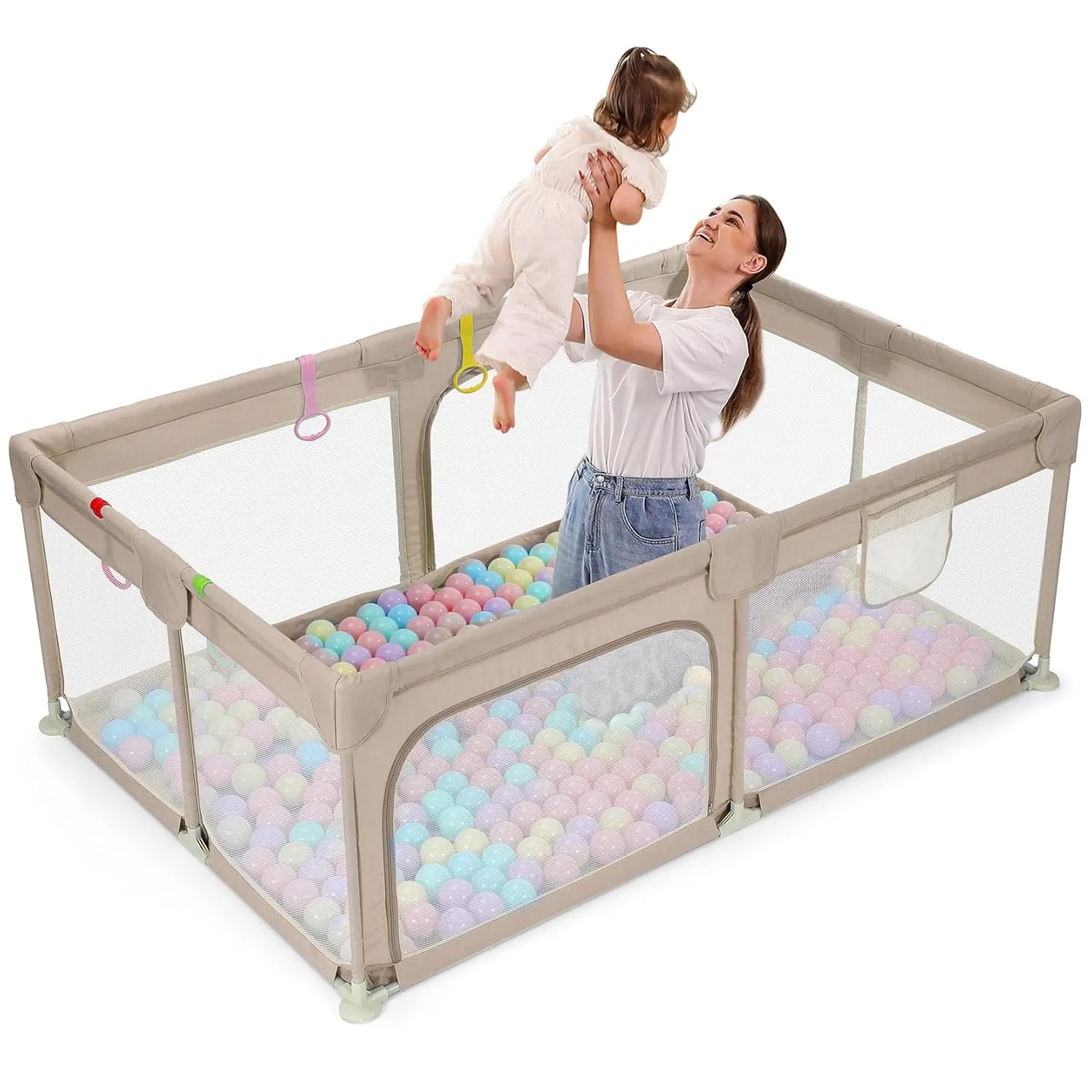 Dripex Baby Playpen, 71"47" Play Pens for Babies and Toddlers, Safe Anti-Fall Play Yard with Gates, Baby Fence with Breathable Mesh, Indoor & Outdoor Kids Activity Center, Khaki