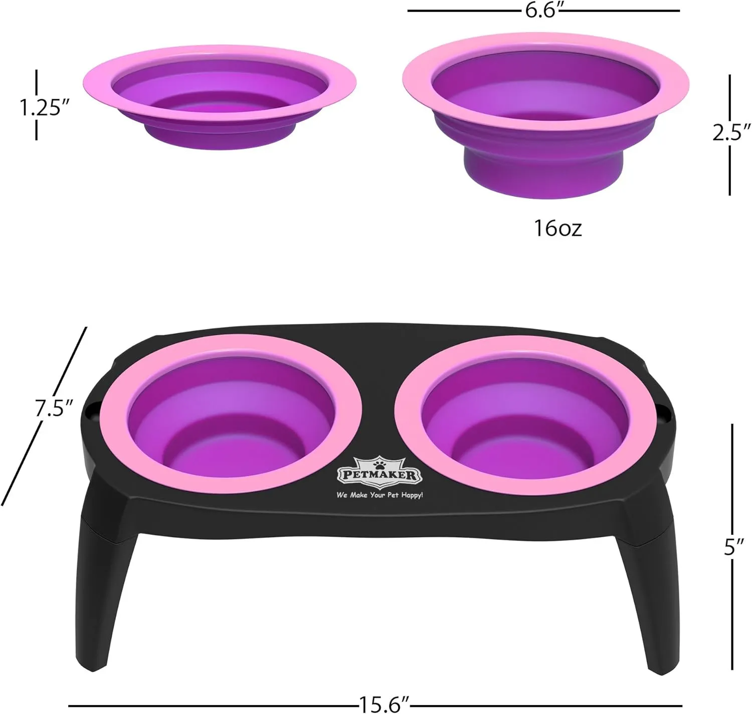 Elevated Cat and Dog Food Bowls with Non-Slip Stand - Removable and Collapsible Silicone Feeder for Food and Water - 16-Ounces Each by PETMAKER (Pink)