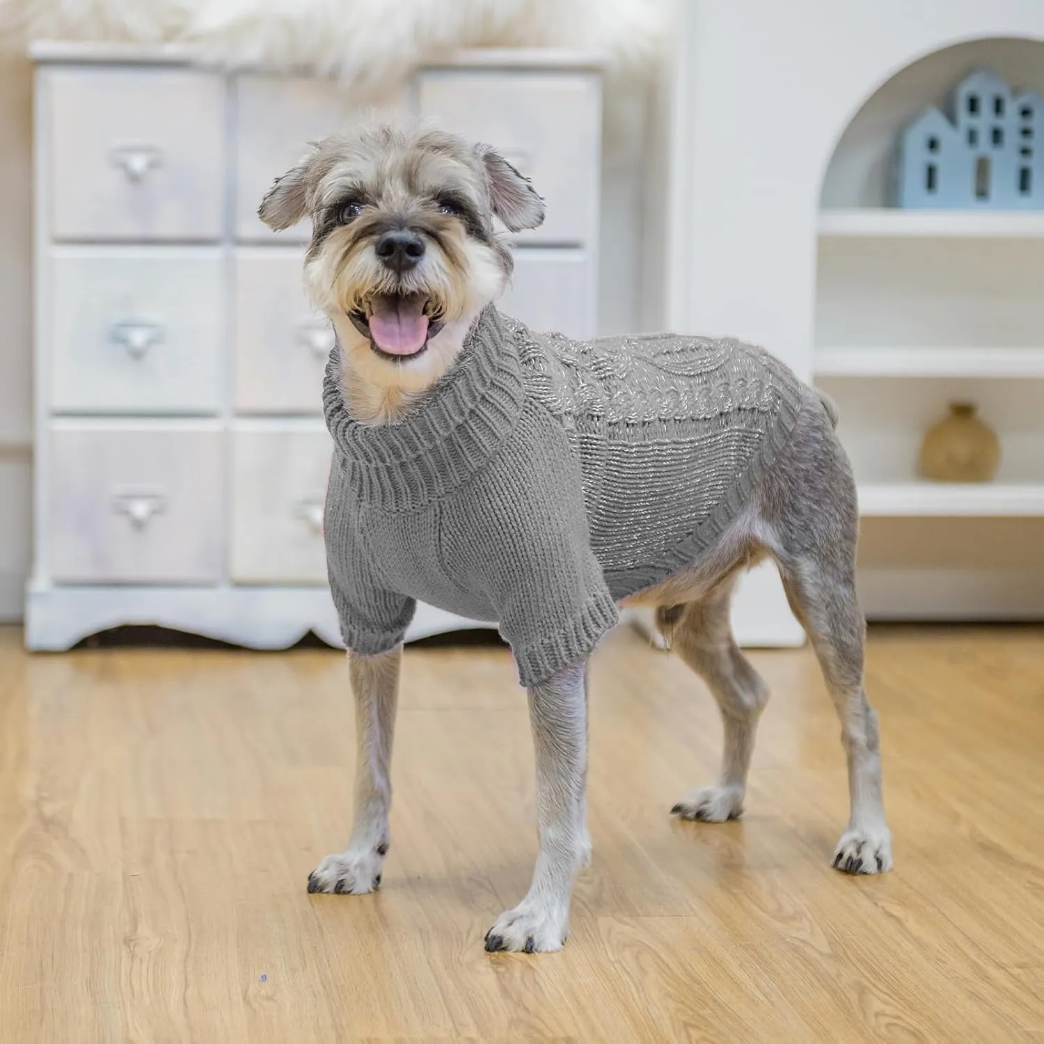 EXPAWLORER Thermal Knitted Dog Sweater for Small Medium Large Dogs, Turtleneck Cable Knit Dog Cold Weather Clothes Sweatshirt Outfits for Winter, Pullover Pet Jumper for Puppy Cats, Grey XS