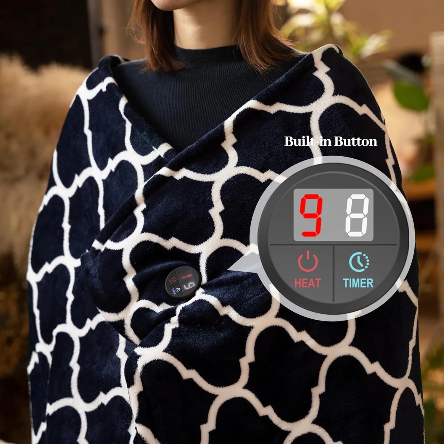 GOTCOZY Heated Blanket Electric Throw 50''X60''- Electric Throw Blanket with One Touch Button 10 Heating Level & 9 Time Settings Heating Blanket, Machine Washable (Ogee Navy)