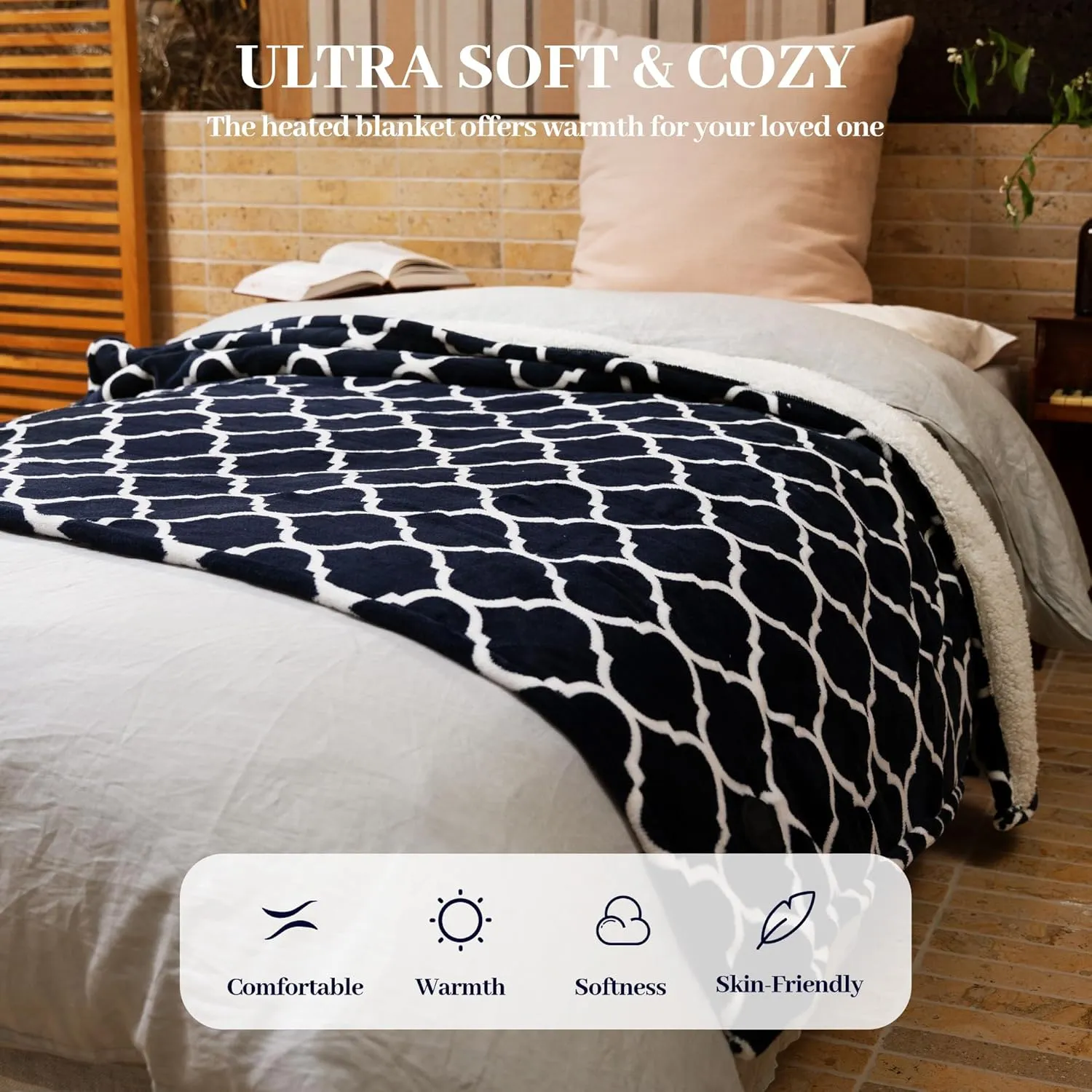 GOTCOZY Heated Blanket Electric Throw 50''X60''- Electric Throw Blanket with One Touch Button 10 Heating Level & 9 Time Settings Heating Blanket, Machine Washable (Ogee Navy)