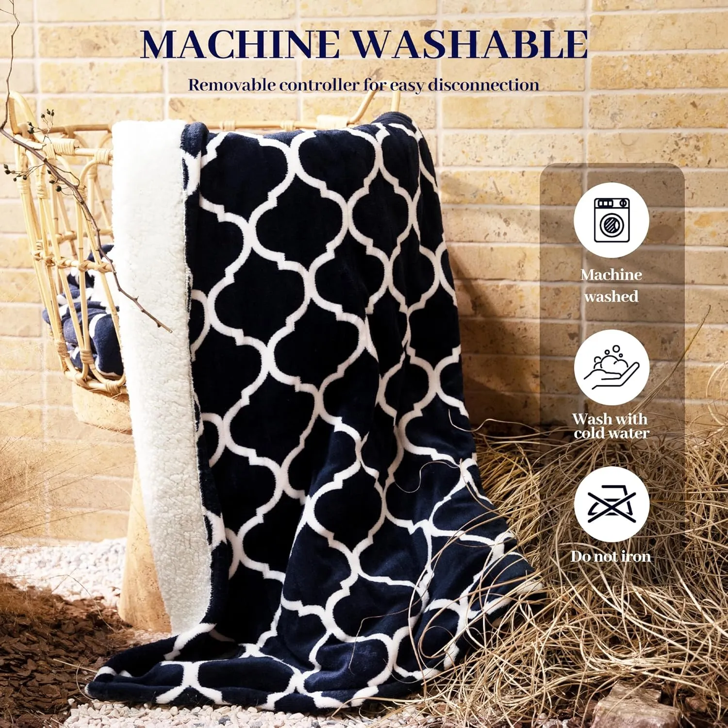 GOTCOZY Heated Blanket Electric Throw 50''X60''- Electric Throw Blanket with One Touch Button 10 Heating Level & 9 Time Settings Heating Blanket, Machine Washable (Ogee Navy)