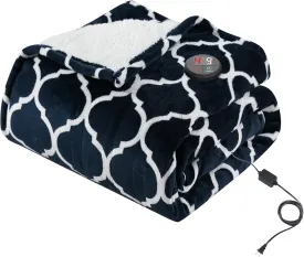 GOTCOZY Heated Blanket Electric Throw 50''X60''- Electric Throw Blanket with One Touch Button 10 Heating Level & 9 Time Settings Heating Blanket, Machine Washable (Ogee Navy)