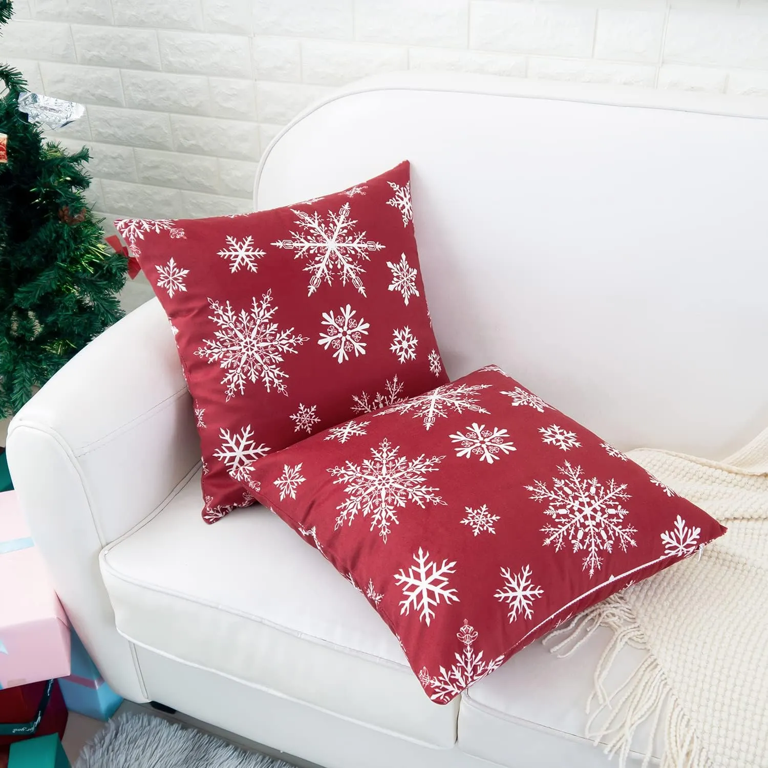 HWY 50 Red Decorative Throw Pillow Covers 20x20 Inch for Couch Sofa Living Room Bed, Soft Christmas Big and Small Snowflakes Print Throw Pillows Cases Cushion Cover Pack of 2