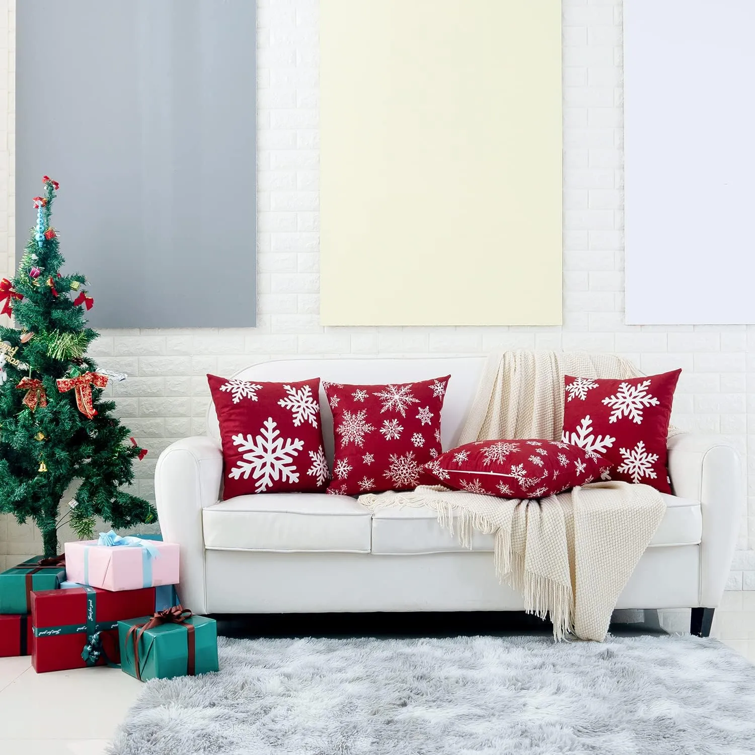 HWY 50 Red Decorative Throw Pillow Covers 20x20 Inch for Couch Sofa Living Room Bed, Soft Christmas Big and Small Snowflakes Print Throw Pillows Cases Cushion Cover Pack of 2