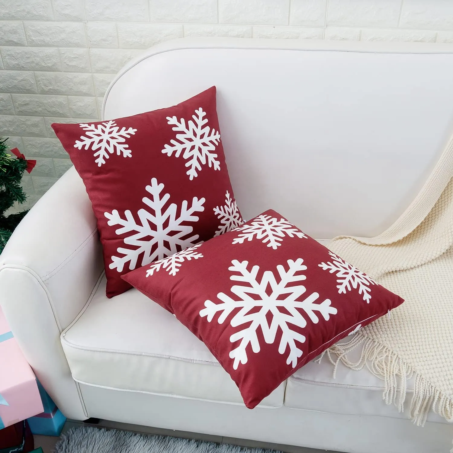 HWY 50 Red Decorative Throw Pillow Covers 20x20 Inch for Couch Sofa Living Room Bed, Soft Square Throw Pillows Cases Set Cushion Cover with Christmas Snowflakes Print Pack of 2