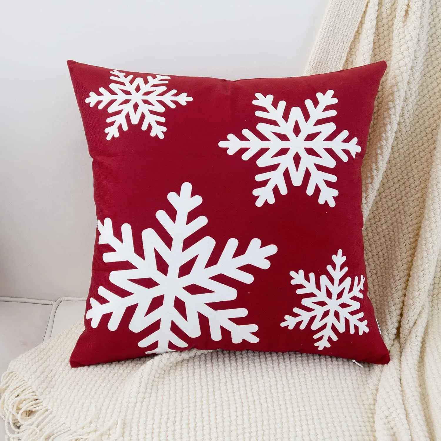 HWY 50 Red Decorative Throw Pillow Covers 20x20 Inch for Couch Sofa Living Room Bed, Soft Square Throw Pillows Cases Set Cushion Cover with Christmas Snowflakes Print Pack of 2