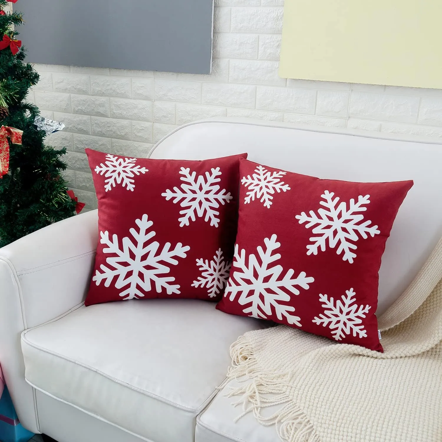 HWY 50 Red Decorative Throw Pillow Covers 20x20 Inch for Couch Sofa Living Room Bed, Soft Square Throw Pillows Cases Set Cushion Cover with Christmas Snowflakes Print Pack of 2