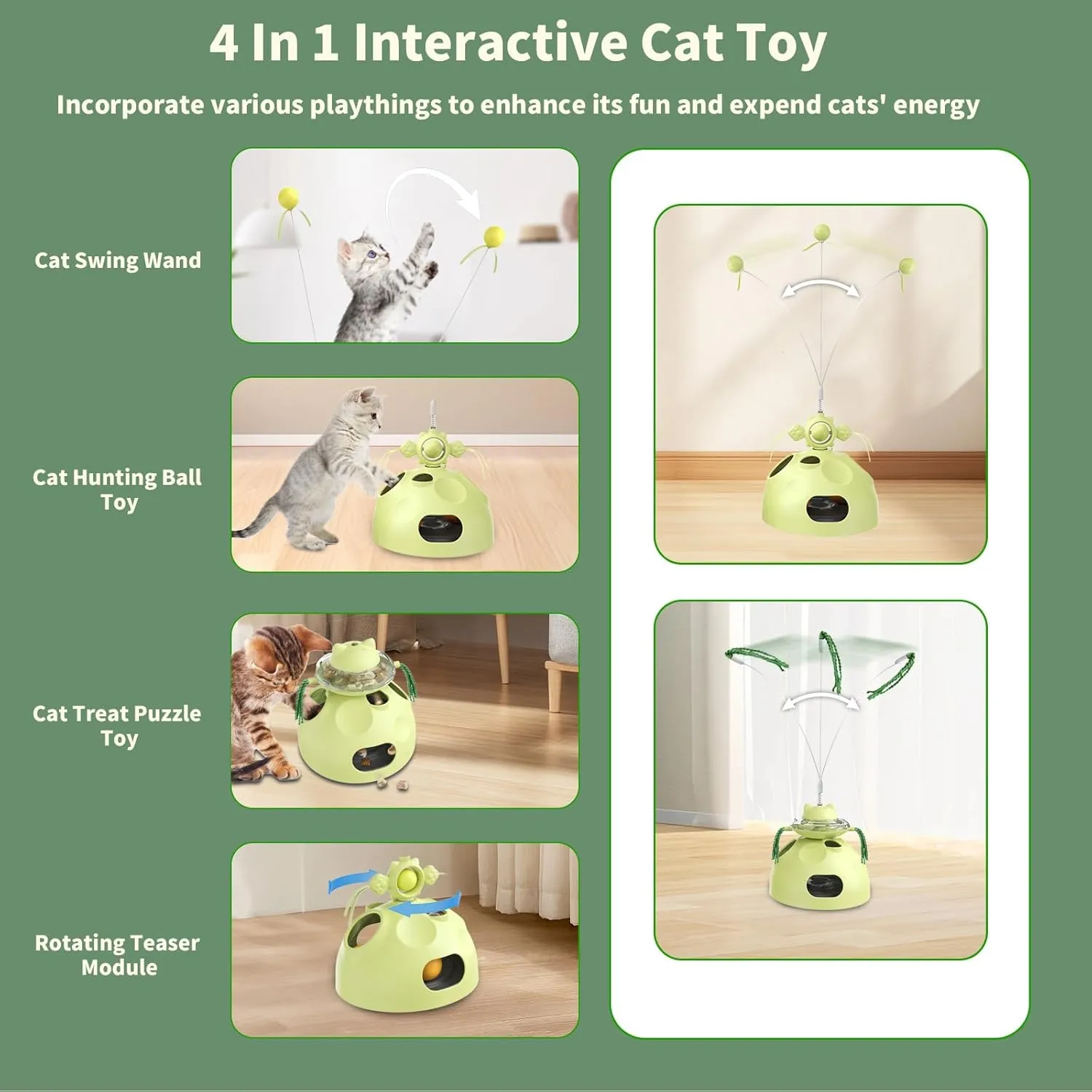 Interactive Cat Toy for Indoor Cats, 4-in-1 Modular Design with Treats Puzzle Slow Feeder, Cat Teaser Wand, Ball Maze & Spinning Ball | Kitten Enrichment Toys for Indoor