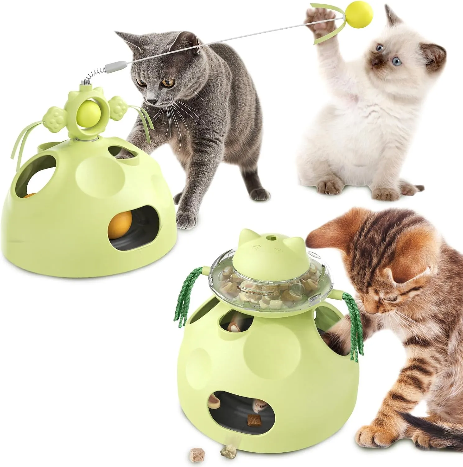 Interactive Cat Toy for Indoor Cats, 4-in-1 Modular Design with Treats Puzzle Slow Feeder, Cat Teaser Wand, Ball Maze & Spinning Ball | Kitten Enrichment Toys for Indoor